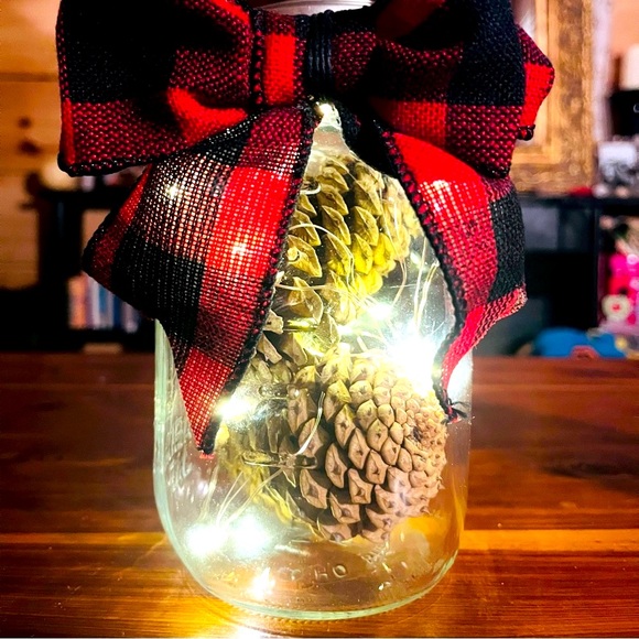 New* Rustic Farmhouse Decor Pinecone FairyLight Mason Jar Buffalo Plaid - Picture 7 of 12
